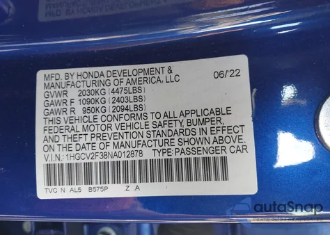 2022 Honda Accord Sport 2.0T z USA, uszkodzony, nr VIN 1HGCV2F38NA012878